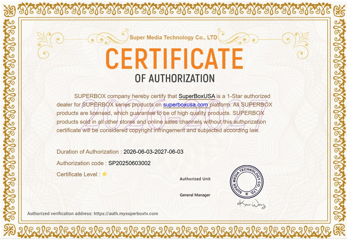 Official SuperBoxUSA authorization certificate